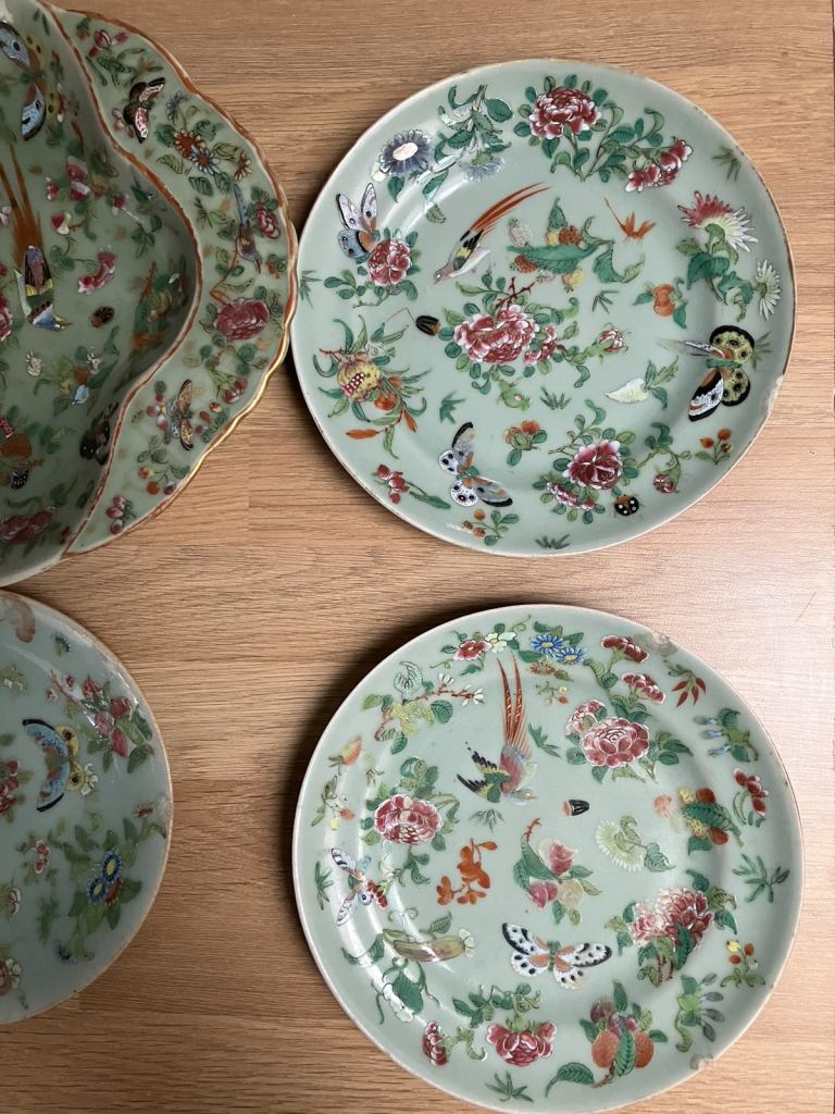 4 x Chinese Canton Celadon Plates 19th century 