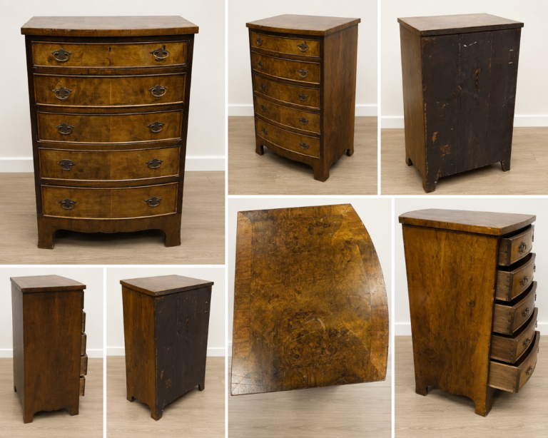 Vintage Burr Walnut Serpentine 5 Drawer Chest of Drawers