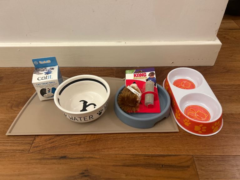 Variety of cat supplies - food/water tray, toys 