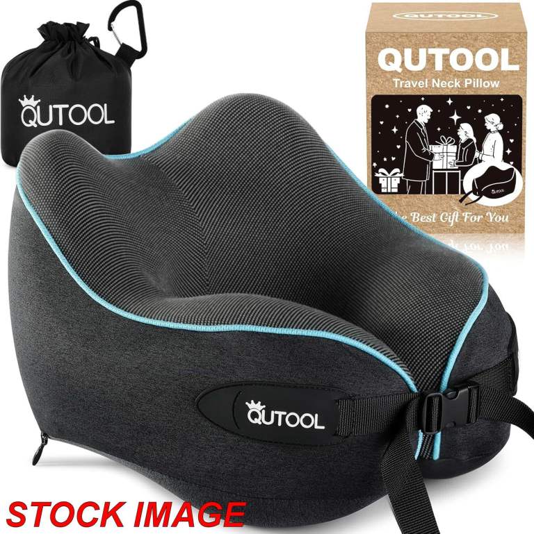 QuTool Travel Neck Pillow, Memory Foam with Carry Bag, Grey/Black