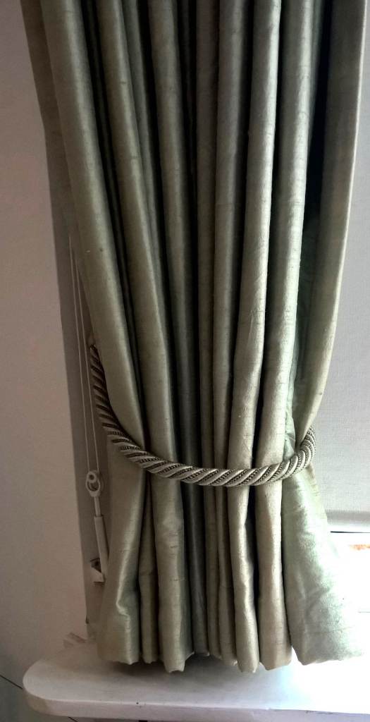 image for Three pairs of double-lined pale green curtains in Shantung silk - for sale separately or as a set