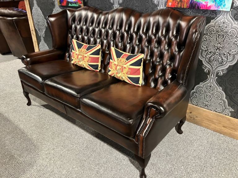 image for Stunning Refurbished RARE Chesterfield 3 Seater Queen Anne Sofa in Brown Leather - Delivery