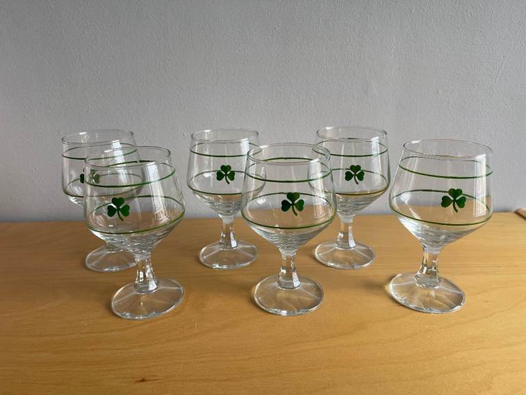 Vintage Irish Shamrock Liqueur Stemmed Glasses x 6