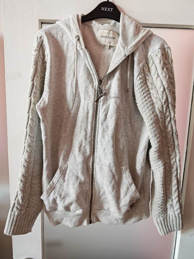 River Island Grey Hooded Cardigan with Cable Knit Sleeves, Size S