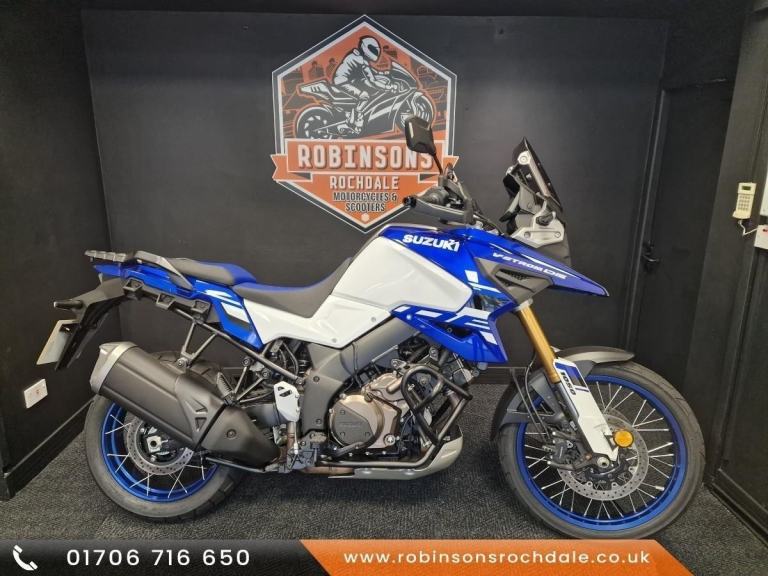 2024 Ex Demo Suzuki DL1050 DE V Stromin blue and white with only 60 miles.