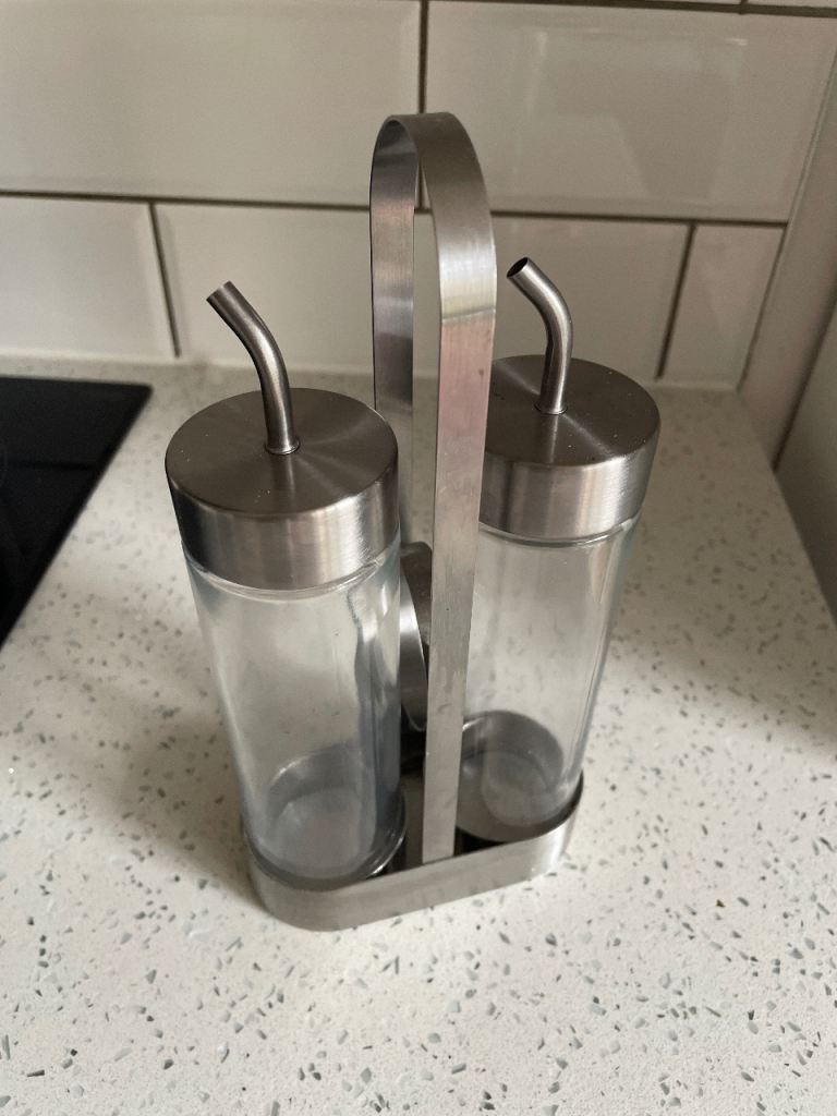 Glass Oil and Vinegar Dispenser Set with Metal Holder