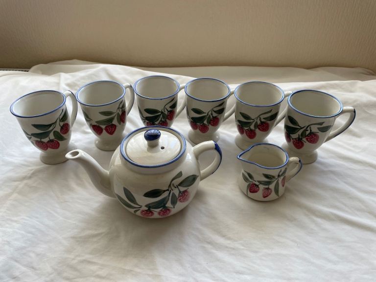 Strawberry Design Tea Set - Teapot, Milk Jug, and 6 Mugs, Good Condition