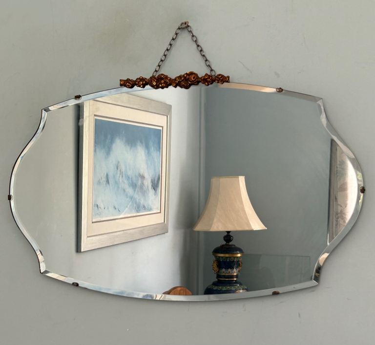Art Deco With Brass Detail Oval Bevelled Mirror on Chain  H16.5in/42cm W27in/99cm  J387B