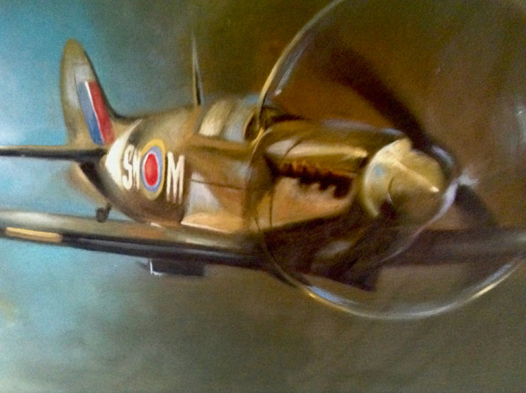 Framed artwork depicting Spitfire on canvass. 