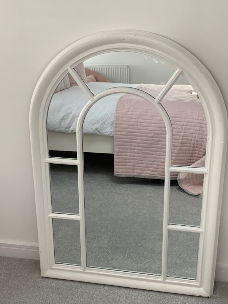 White wooden arched window mirror 