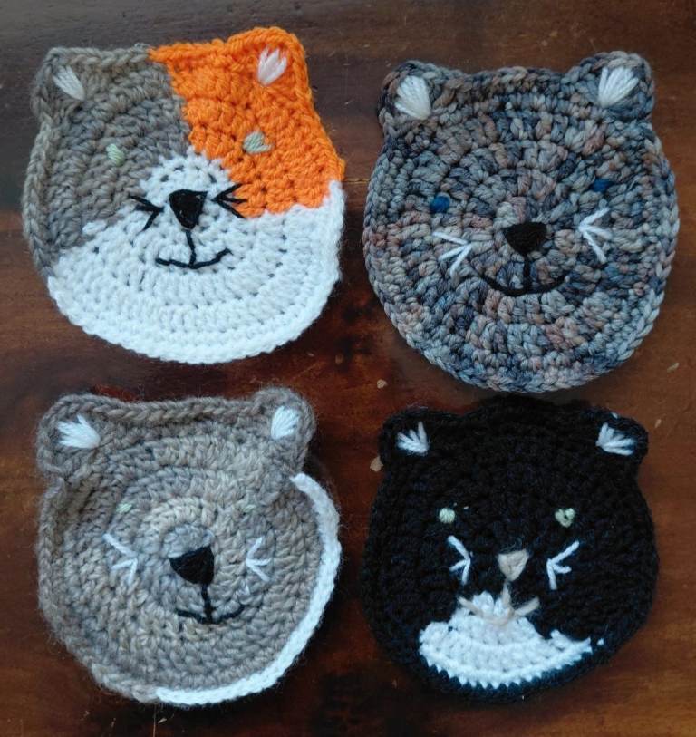 Handmade Cat Face Crochet Coasters – Set of 4