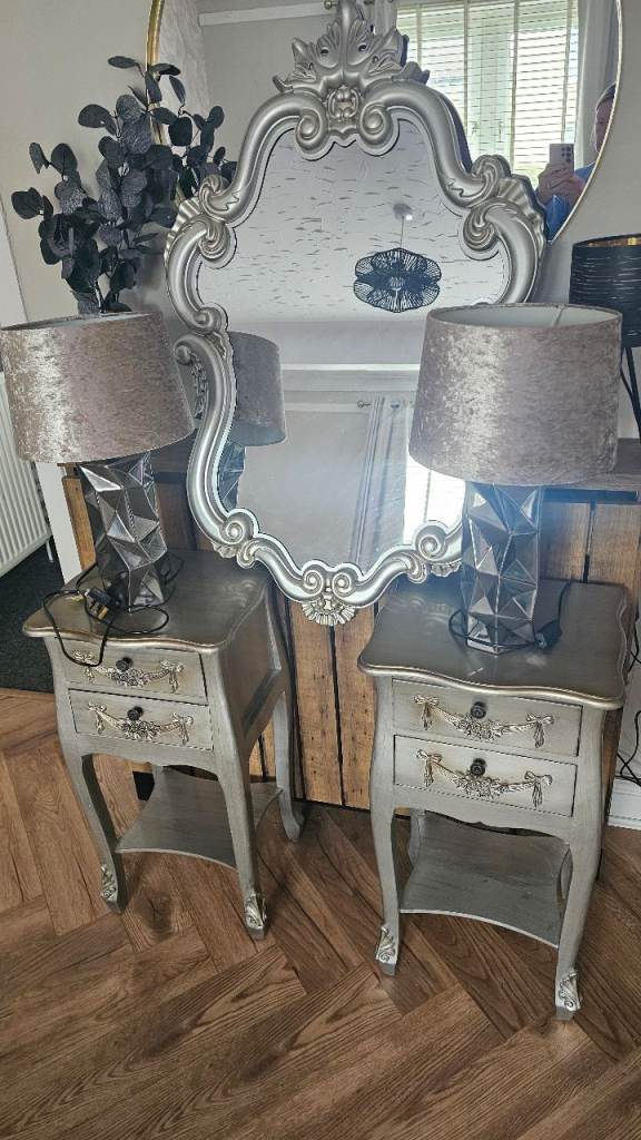 Pair of Silver French Style Bedside Tables with Lamps and Mirror
