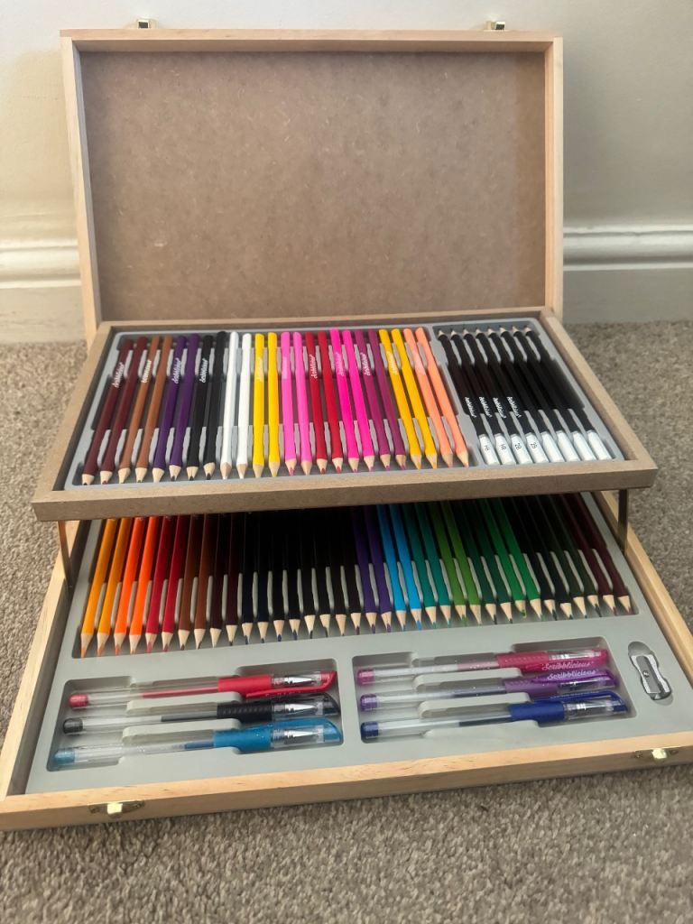 Large Wooden Art Case with Colouring Pencils and Pens – As New