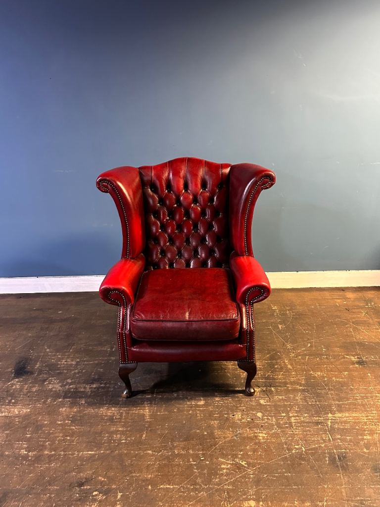 Superb vintage Oxblood leather chesterfield Queen Anne wingback chair Uk delivery 