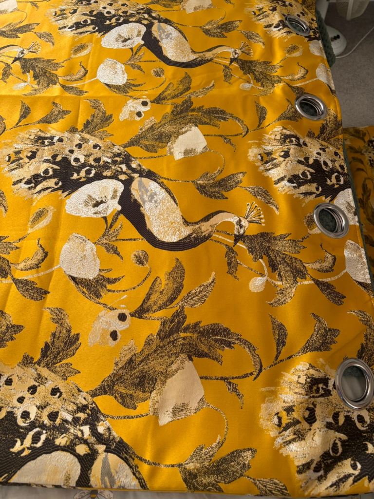 John Lewis Eyelet Curtains – Yellow Peacock Design, Good Condition