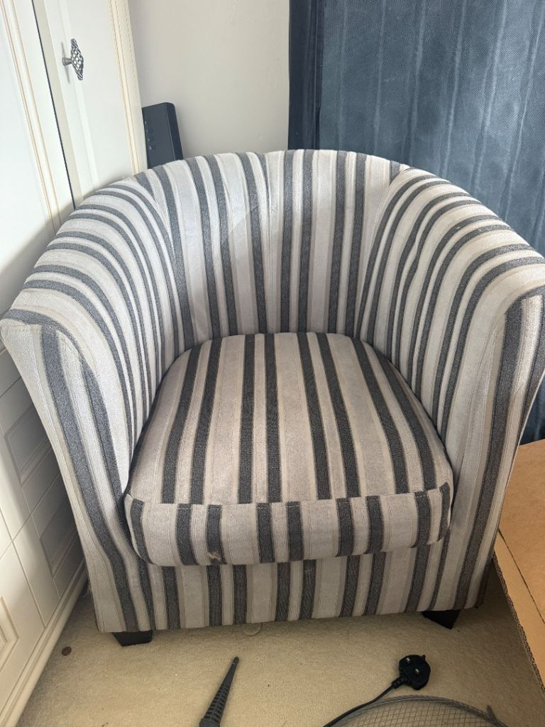 Large grey striped tub chair 