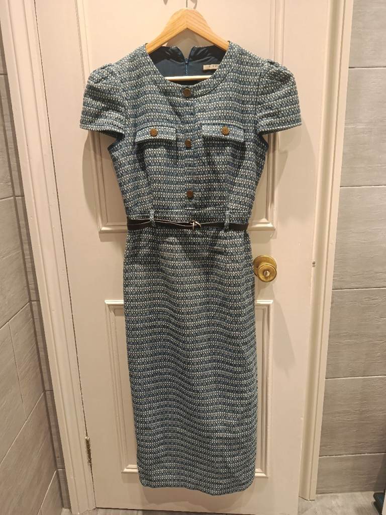 Lovely Blue Tweed Dress - Size 14, Sleeveless, With Belt, Z-MDG
