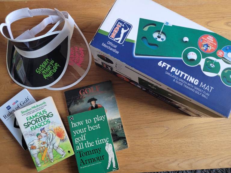 Brand new / unopened - PGA Golf putting mat and guide and golf books and visors bundle