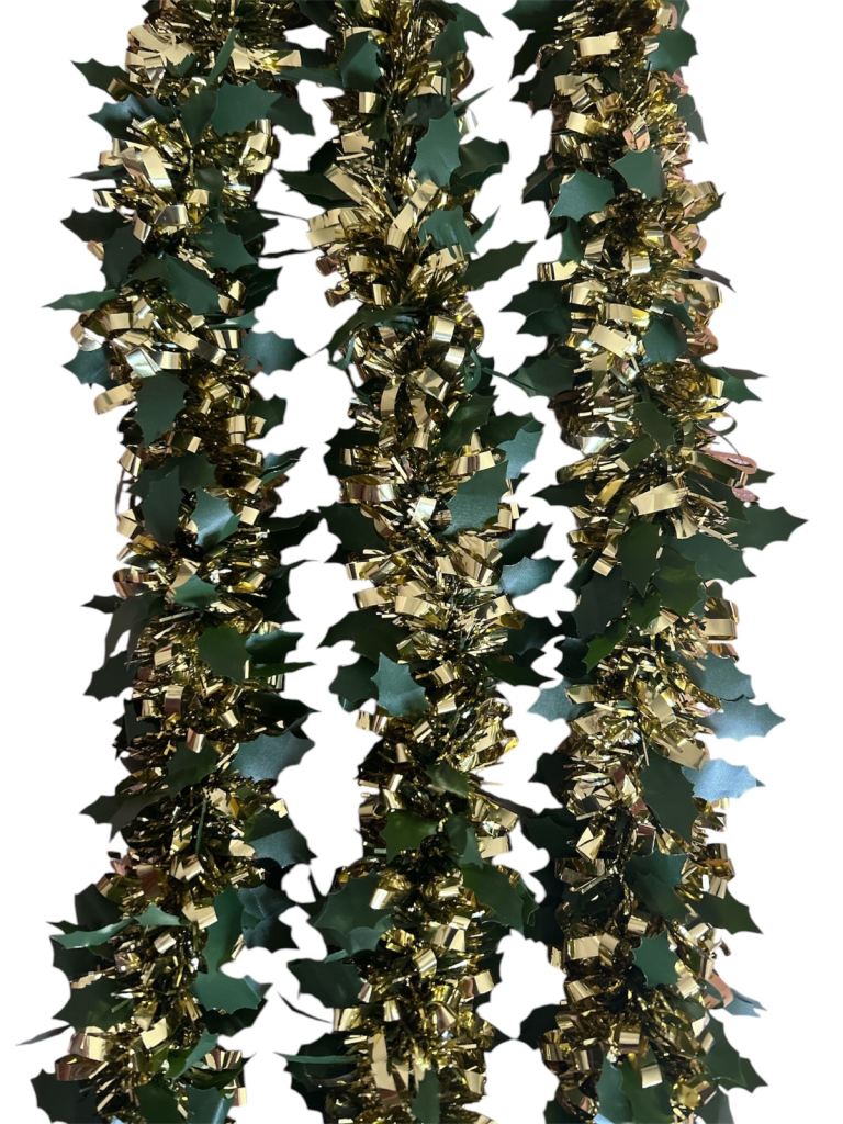 2 Meters Gold Tinsel With Green Holly Leaves Hanging Garland Christmas Tree Decor