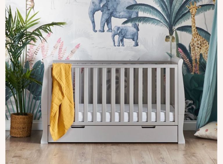 Grey Wooden Baby Cot Bed with Storage Drawer – As Good As New