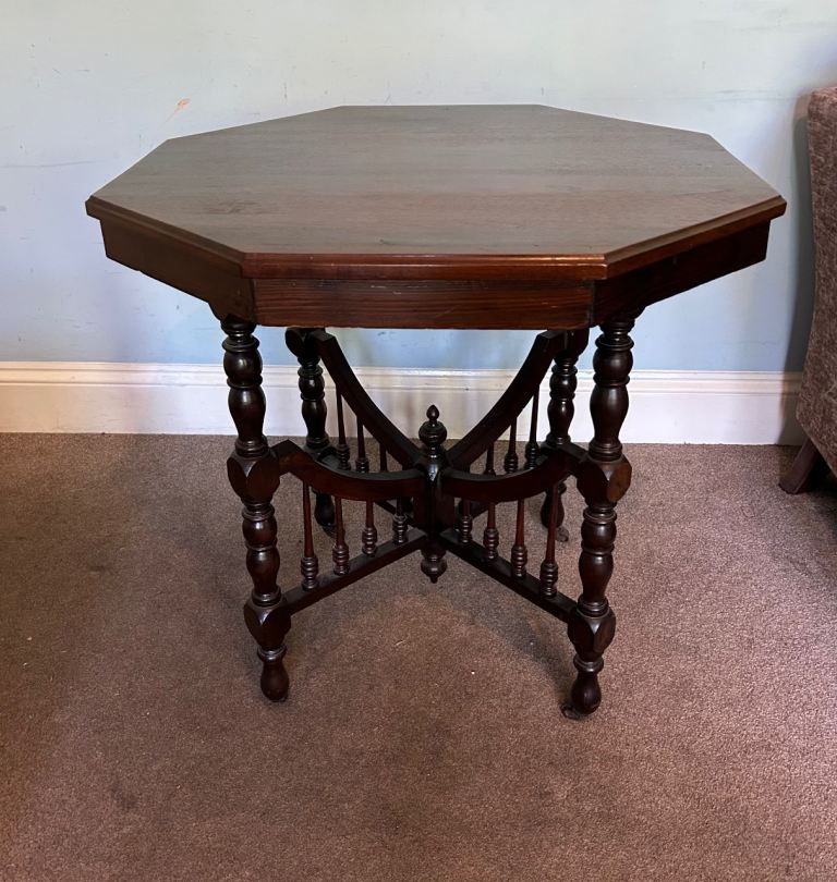 Large Vintage Octagonal Solid Wooden Occasional Table wheels lots of detailH28.5in/73cmDia30in/76cm