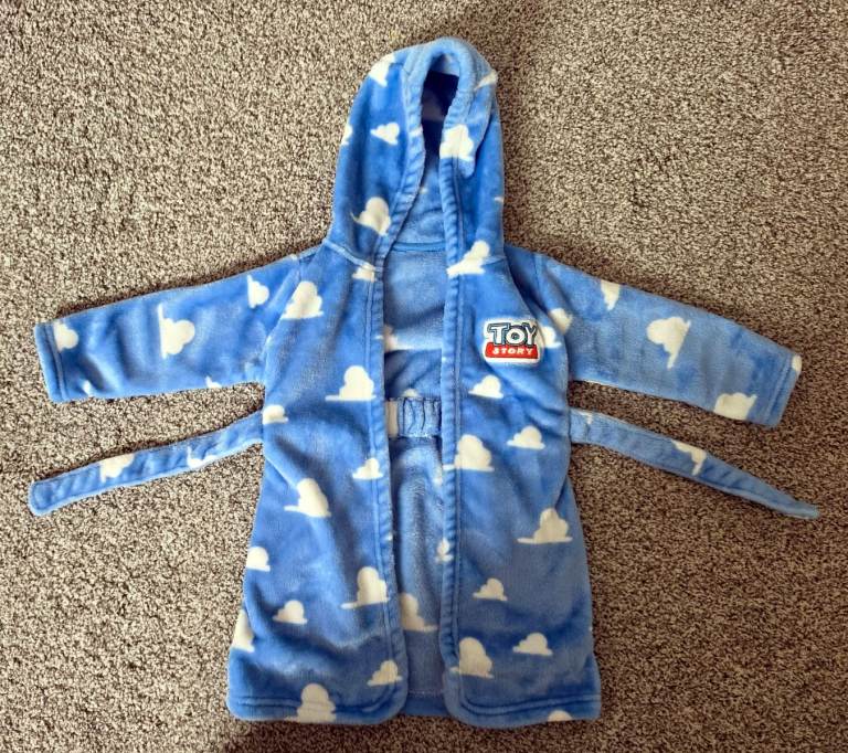Toy Story 12-18 months blue kids hooded bathrobe with the classic cloud pattern