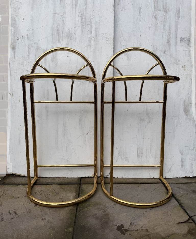Elegant Pair of 80s Art Deco Brass & Glass Top Bedside / Side Tables - Great Condition