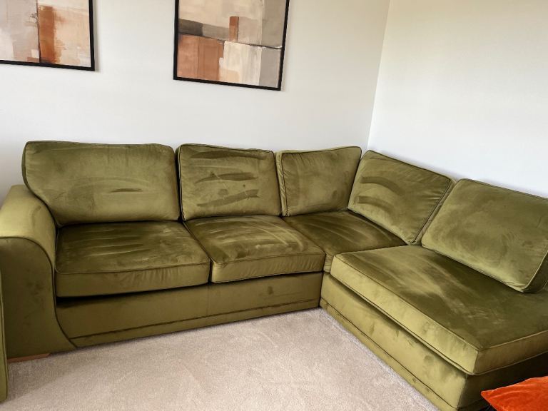 DFS Orka Velvet Corner Sofa + Recliner – Olive Green