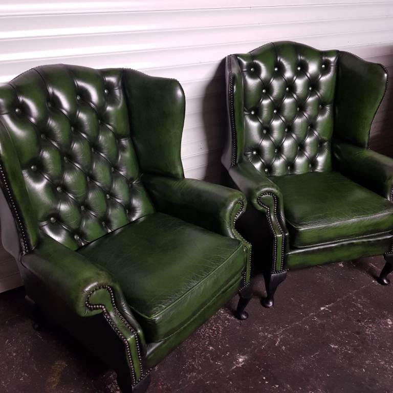 MATCHING Pair Green Leather QUEEN ANNE Chesterfield Wingback arm chairs -FAB