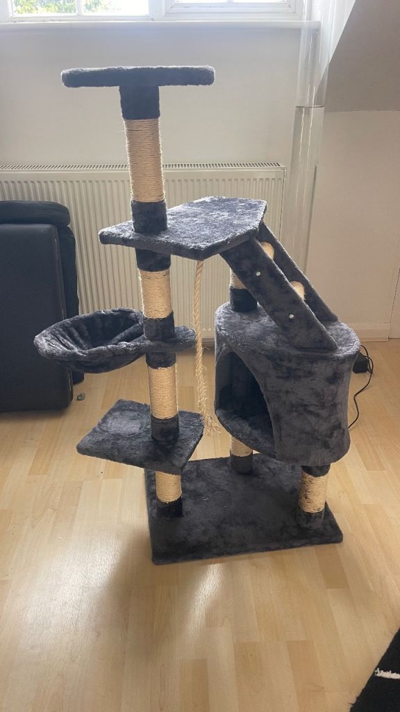 Almost New Grey Cat Tree with Scratching Posts and Bed