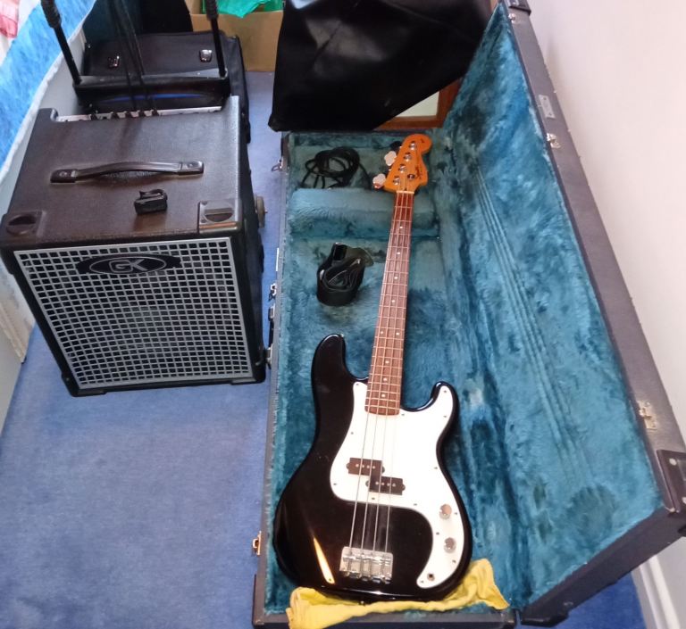 Squier precision Bass guitar in hardcase with GK112 Bass amp & cover, Korg tuner, 