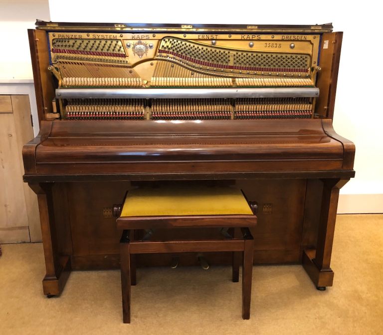 Kaps Upright Piano with Stool – Good Condition, Rich Brown Wood