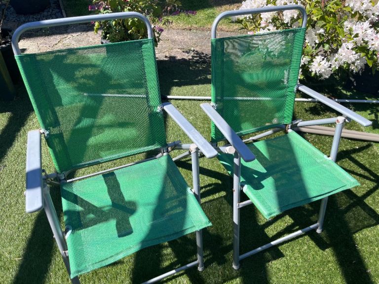 Garden chairs folding frames x2 green silver, been stored in the shed but could do with a clean 