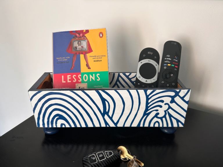 Decorative Wooden Storage Box – Blue & White Swirl Pattern