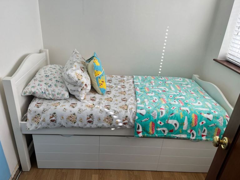 White Single Bed with Under-Bed Storage Drawers