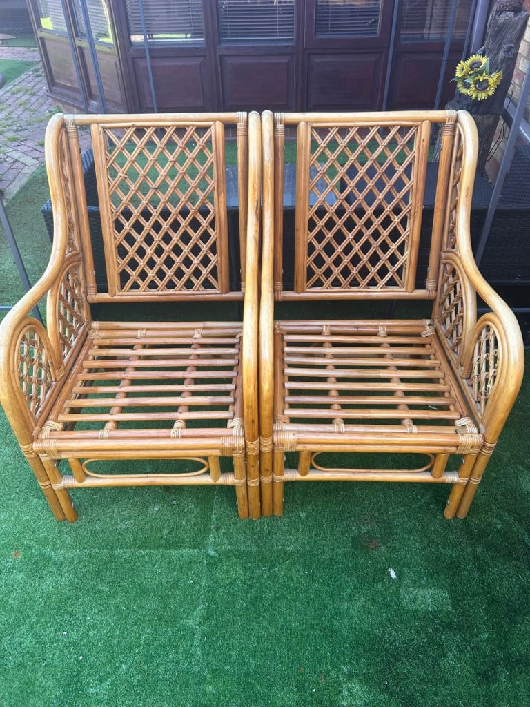 Pair of Cane Bamboo Chairs / Garden Patio Conservatory - Good Condition