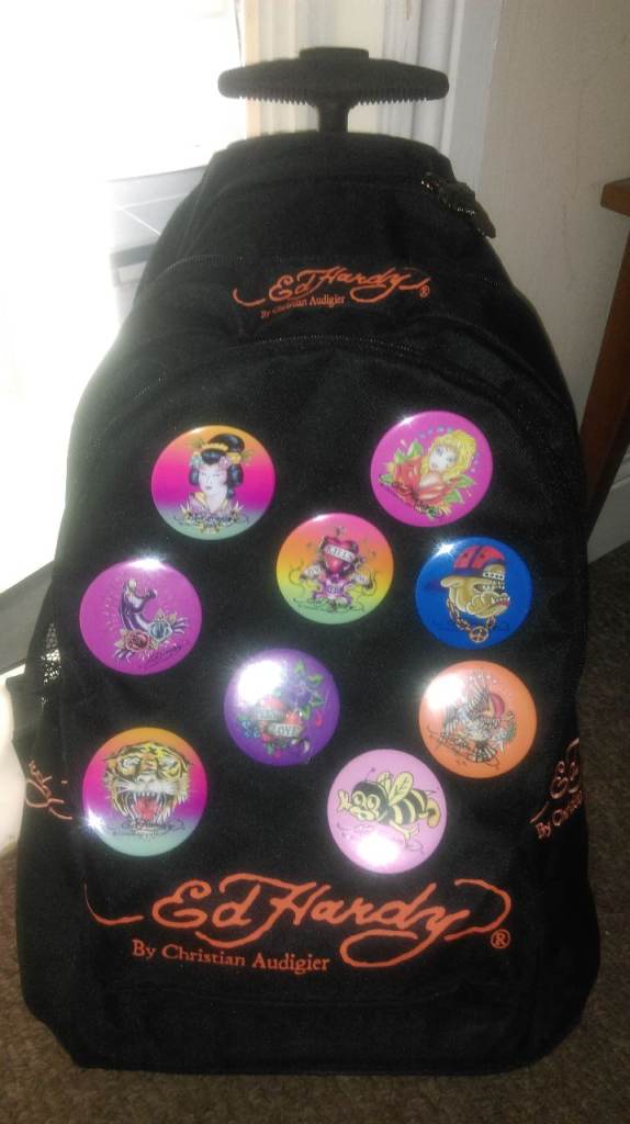 NEW Ed Hardy by Christian Audigier badge backpack on wheels, school bag / holiday bag