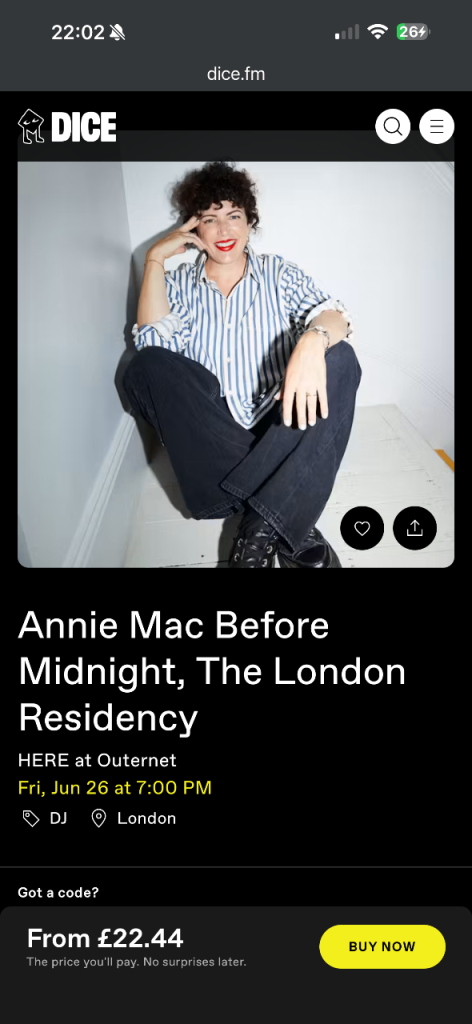 Annie Mac Before Midnight ticket – face value – Fri 26 June