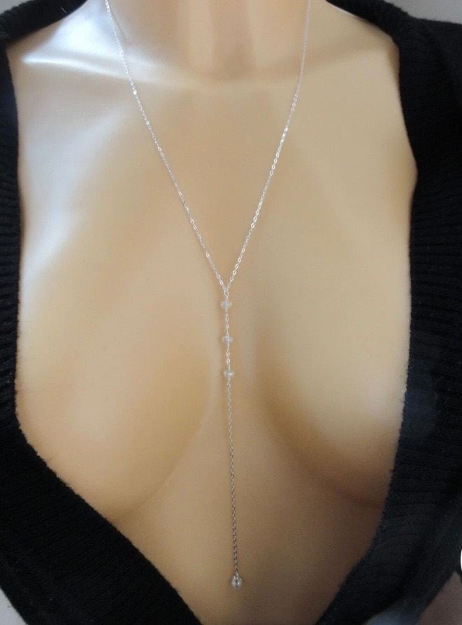 Women's 925 Sterling Silver Crystal Lariat Necklace - Delicate Y Drop