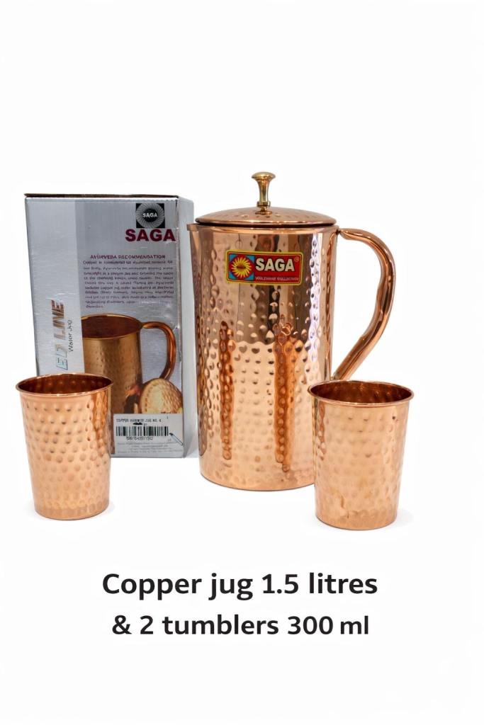 Copper Jug 1.5 litres & 2 copper glasses 300 ml Pitcher health Ayurveda water filter