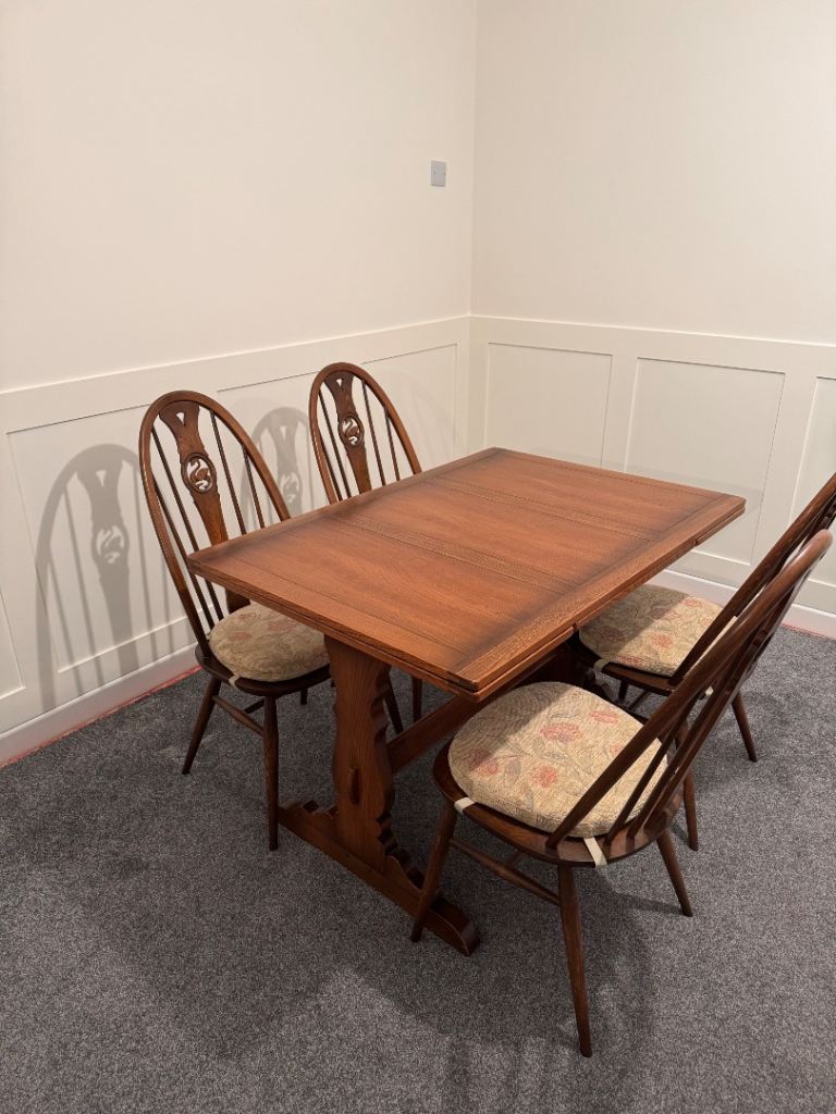 Vintage Retro Ercol Extending Dining Table and 4 Swan back Chairs