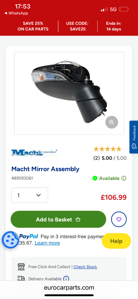 R/H heated wing mirror for Ford Fiesta 2014 new 