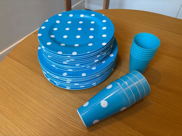 Blue & White Spotted Plastic Plates & Cups