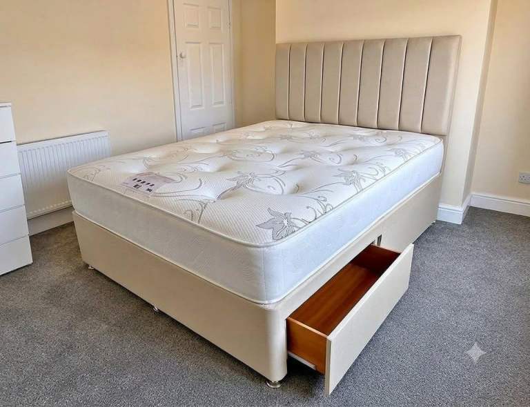 Double Size Upholstered Panel Divan Bed with Storage + Mattress COD