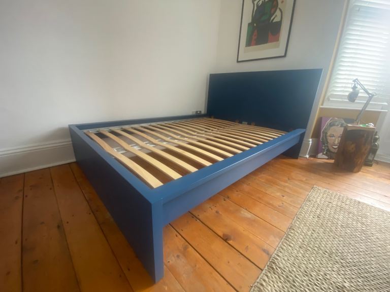Stylish IKEA Malm Blue Double Bed Frame complete with IKEA double mattress,  Slats – Good Condition