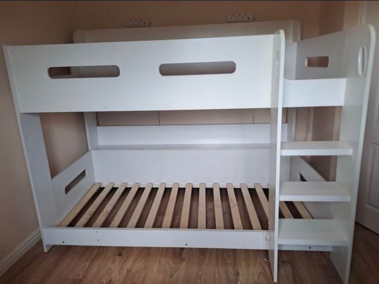 White Wooden Bunk Bed with Storage Steps – Good Condition