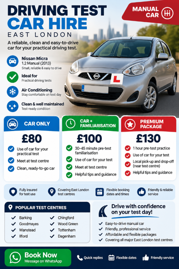 Nissan Micra Hire for Practical Driving Test | Short Notice | Barking, Goodmayes, Wanstead, 