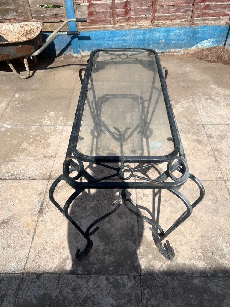 Vintage Metal and Glass Patio Table Scroll Design Table Fair Condition