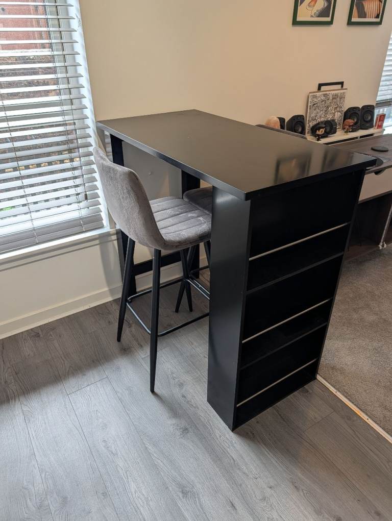 Modern Black Breakfast Bar Table with 2 Grey Velvet Bar Stools, Storage Shelves & Sensor Light
