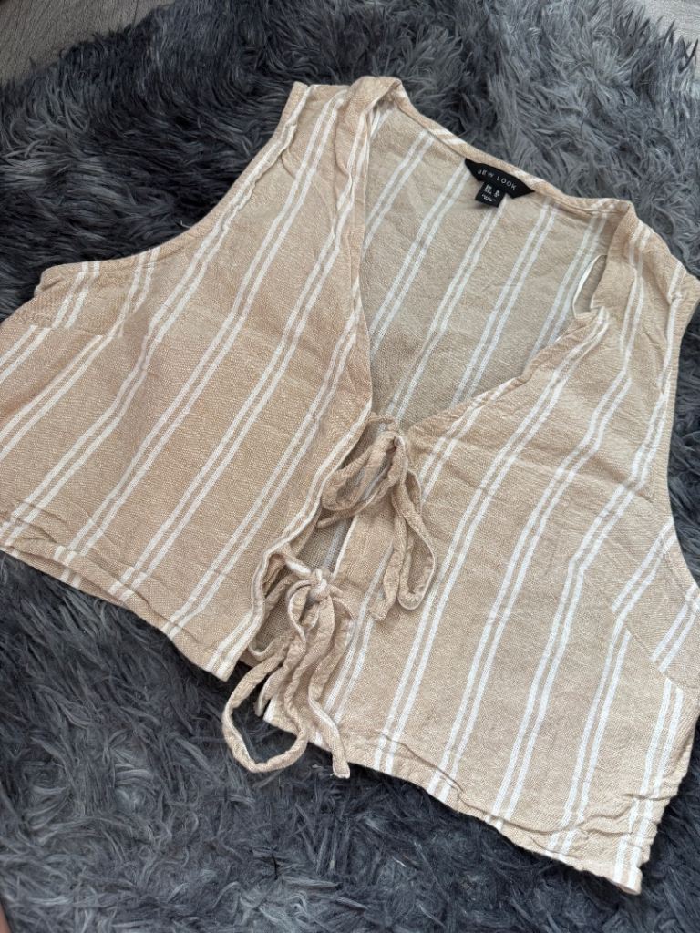 New Look Beige Striped Tie-Front Top - Size 12, As New